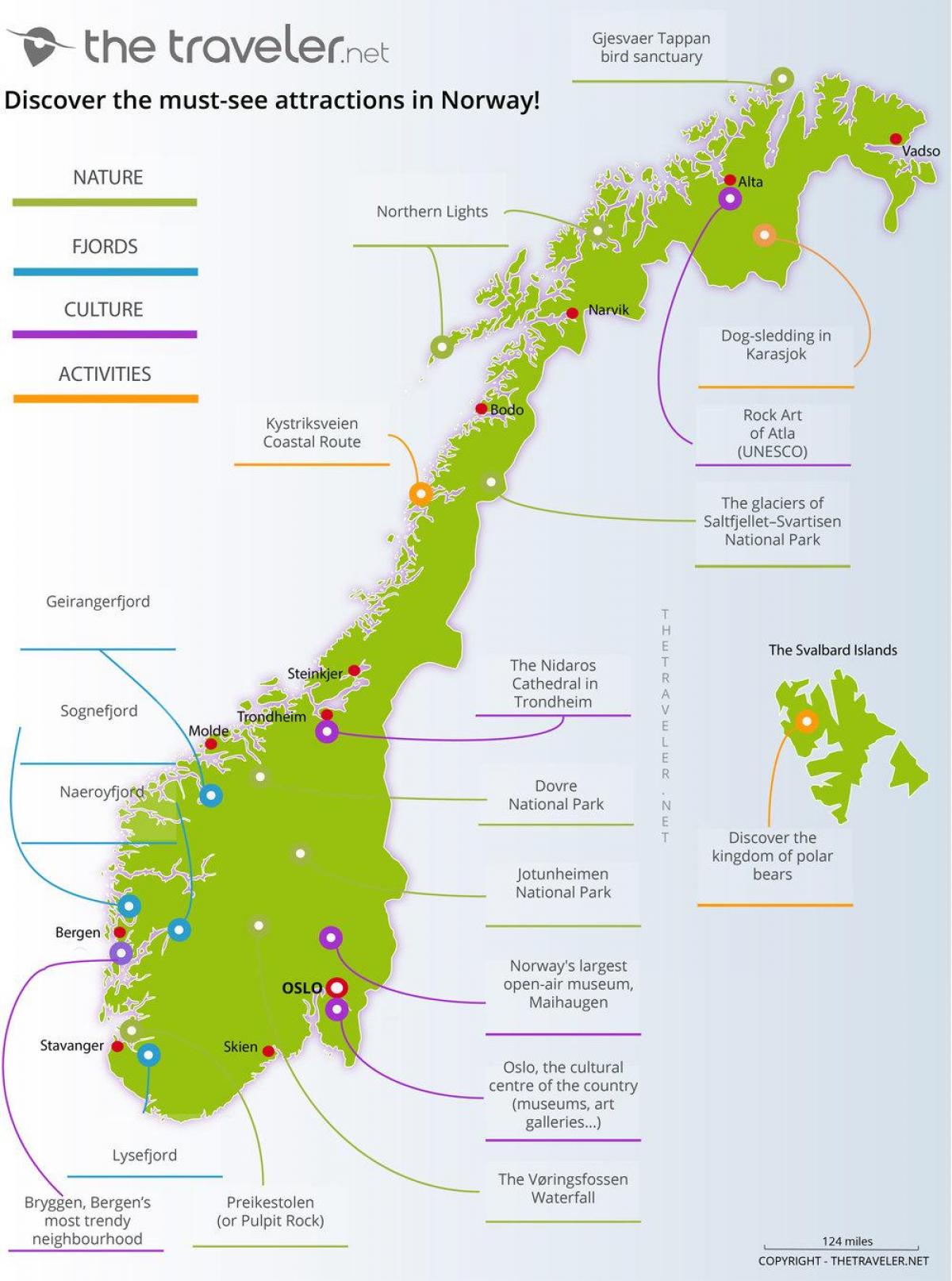 Mapa de atracciones turísticas de Noruega